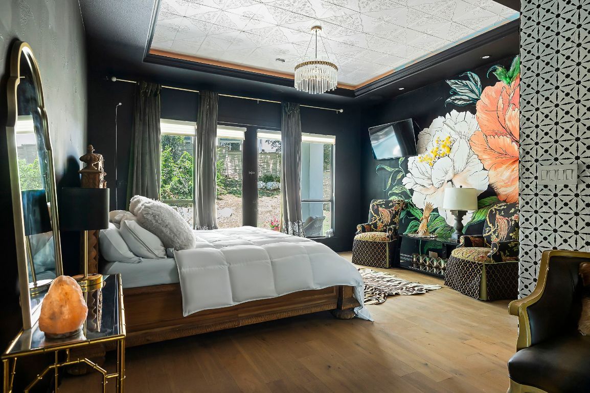 Bedroom, Chandelier, Interior, Wood Texture Flooring