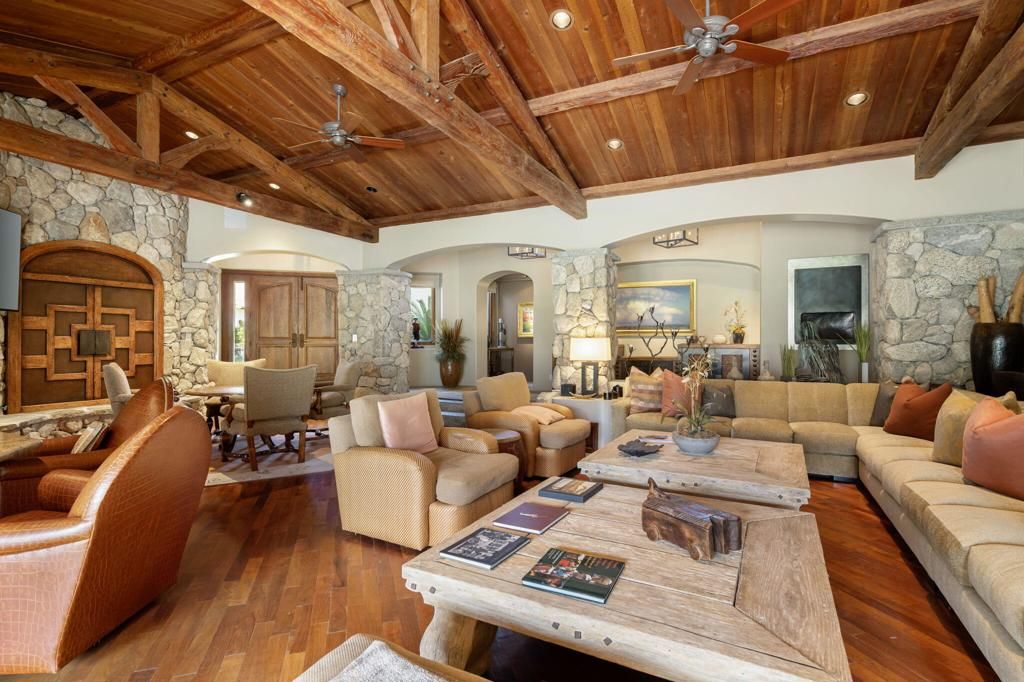 Dining room, Interior, Living room, Recessed Lighting, Stone Walls, Wooden Beams, Wooden Ceilings, Wood Texture Flooring