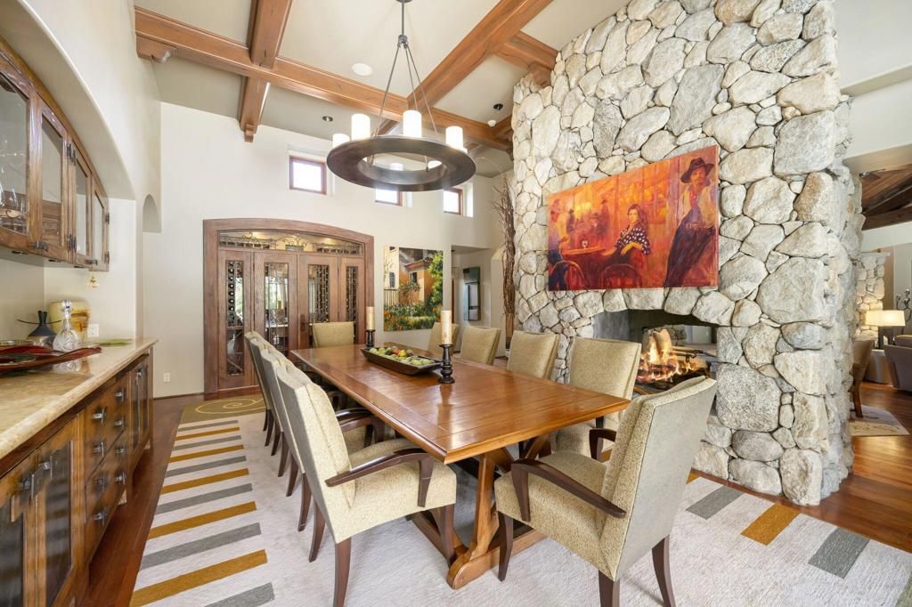 Dining room, Fireplace, Interior, Pendant Lights, Recessed Lighting, Stone Walls, Wooden Beams