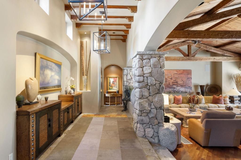 Fireplace, Interior, Living room, Pendant Lights, Stone Walls, Wooden Beams