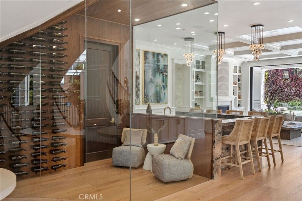 Fireplace, Interior, Pendant Lights, Recessed Lighting, Wine Storage, Wood Texture Flooring
