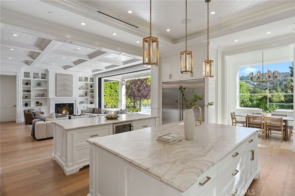 Dining room, Fireplace, Interior, Kitchen, Living room, Pendant Lights, Recessed Lighting, Wood Texture Flooring