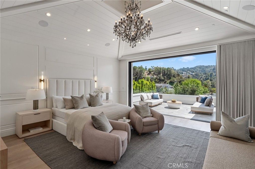 Bedroom, Chandelier, Interior, Recessed Lighting, Wood Texture Flooring