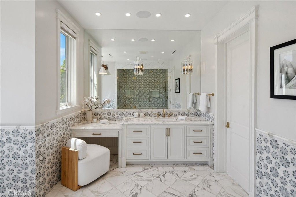Bathroom, Dual Sink Vanities, Interior, Marble, Pendant Lights, Recessed Lighting