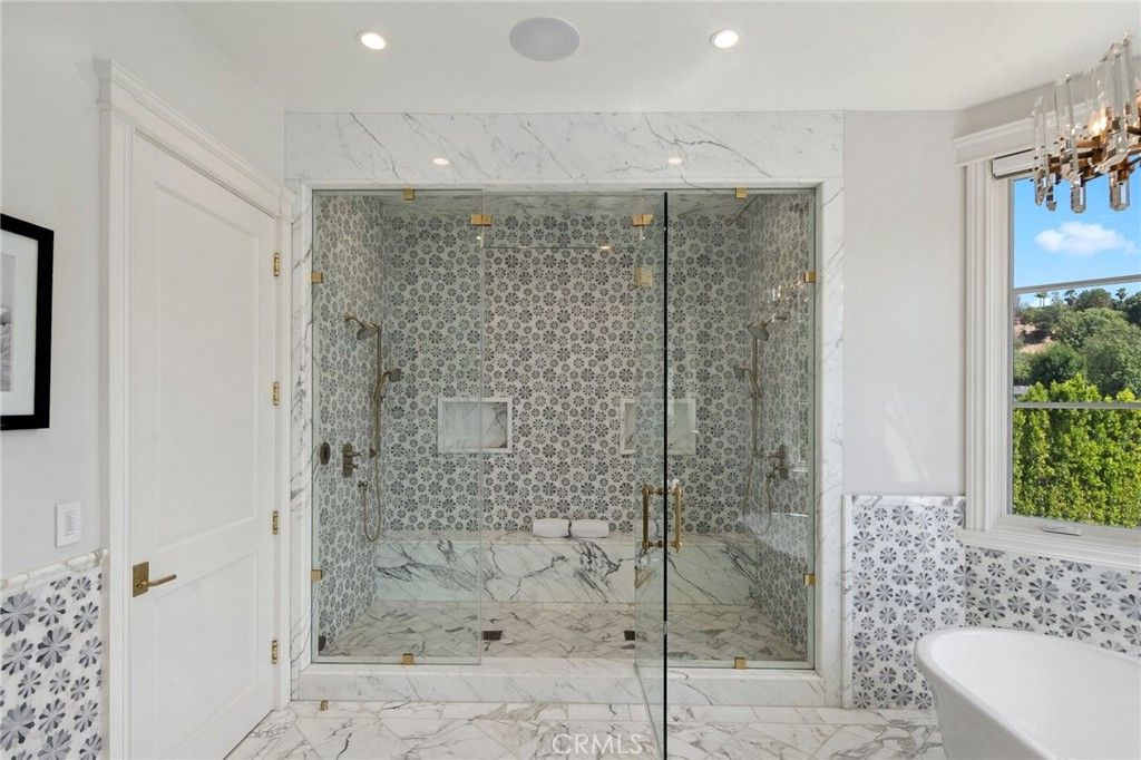 Bathroom, Glass Shower, Interior, Marble, Marble Walls, Recessed Lighting