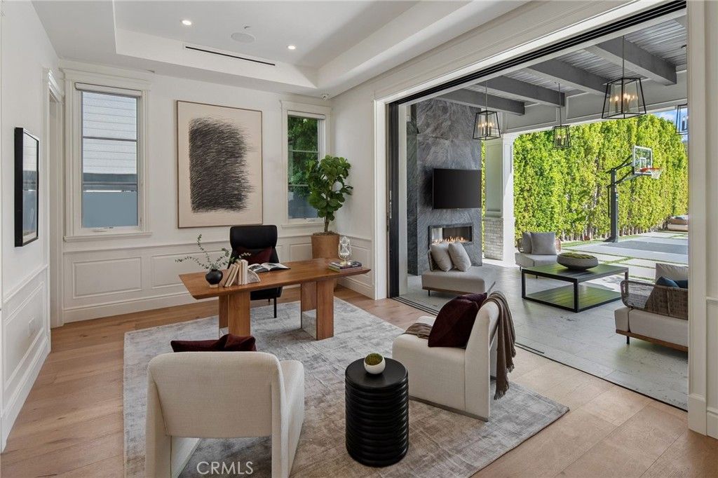 Fireplace, Home Office, Interior, Pendant Lights, Recessed Lighting, Wood Texture Flooring