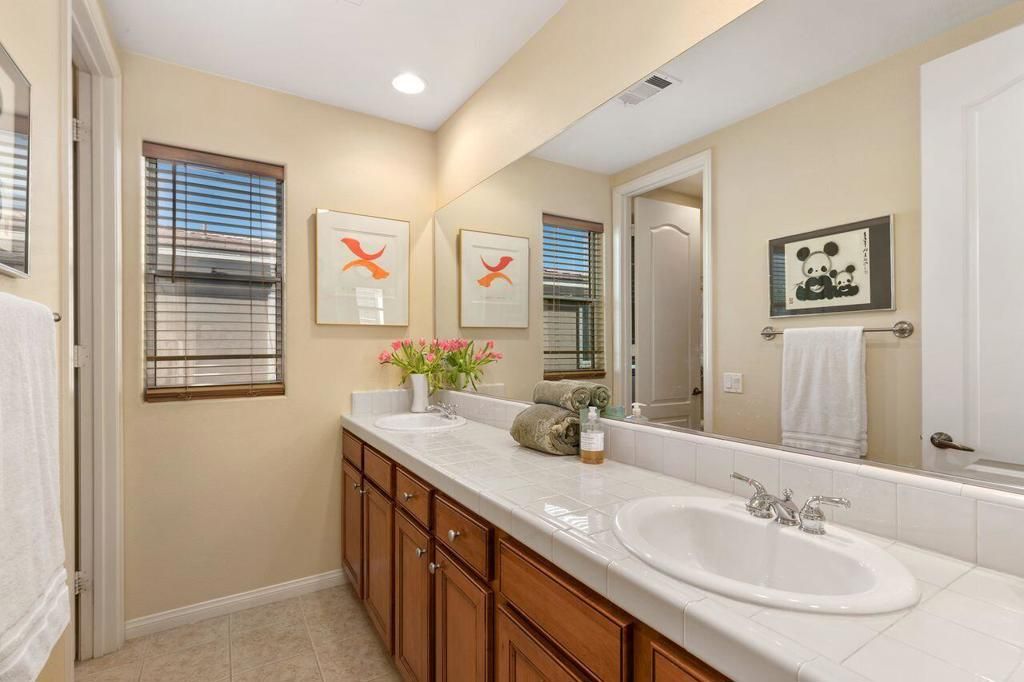 Bathroom, Dual Sink Vanities, Interior, Recessed Lighting, Tile Countertops