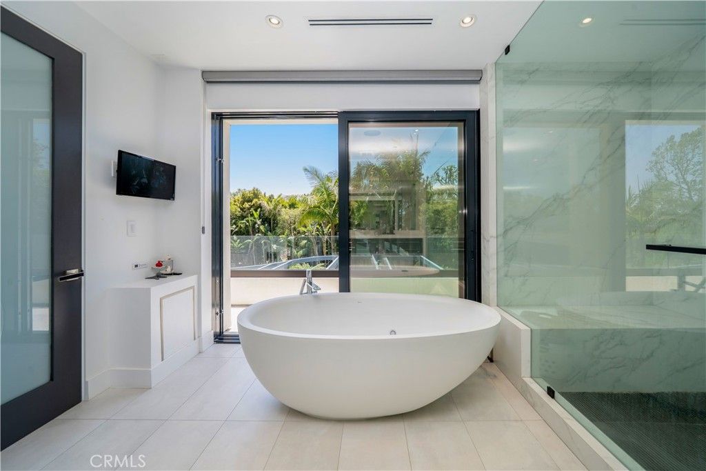 Bathroom, Free Standing Baths, Glass Shower, Interior, Marble Walls, Recessed Lighting