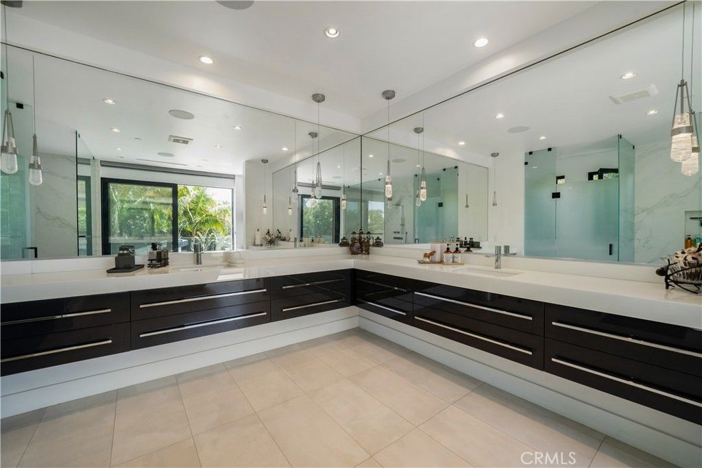 Bathroom, Dual Sink Vanities, Glass Shower, Interior, Marble Walls, Pendant Lights, Recessed Lighting