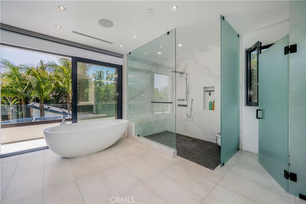 Bathroom, Free Standing Baths, Glass Shower, Interior, Marble Walls, Recessed Lighting