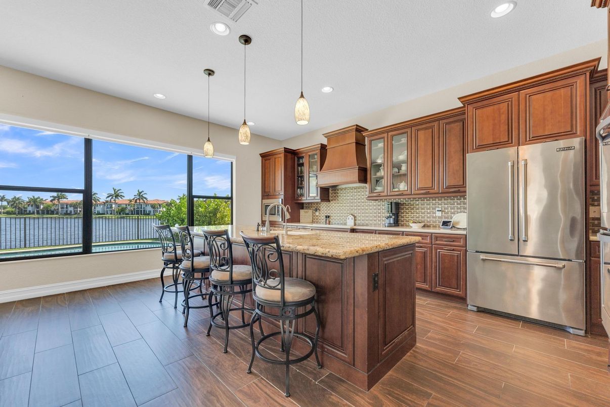 Interior, Kitchen, Pendant Lights, Recessed Lighting, Stainless Steel Appliances, Water, Wood Texture Flooring