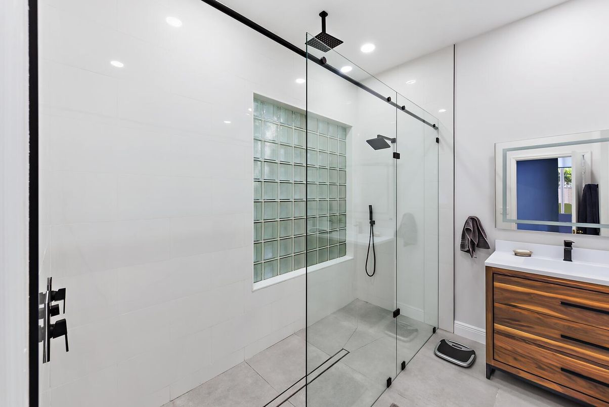 Bathroom, Glass Shower, Interior, Recessed Lighting