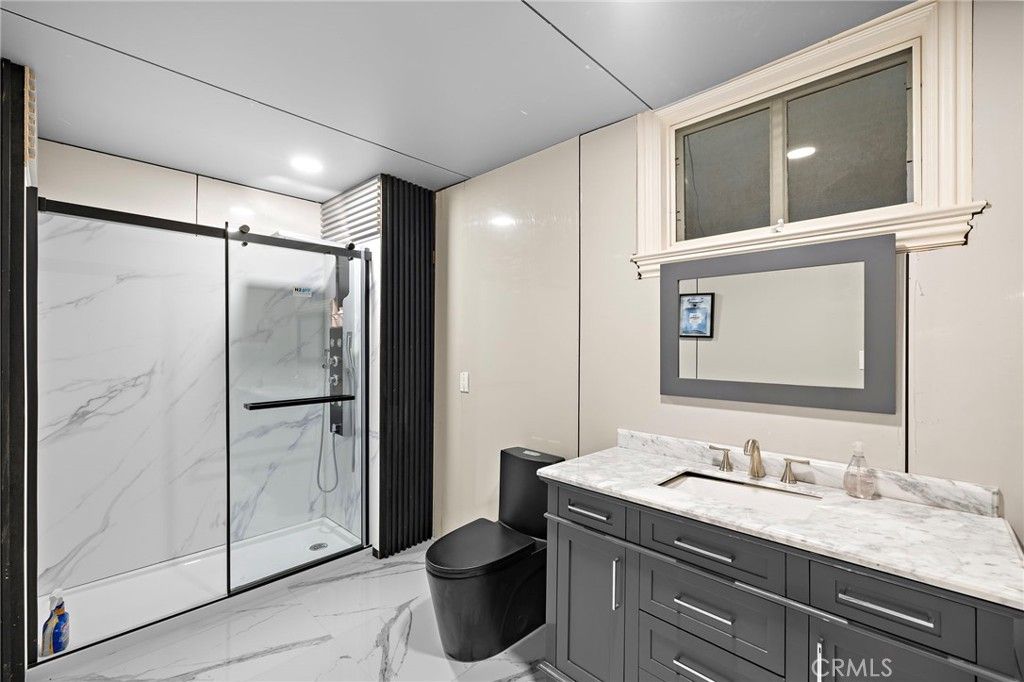 Bathroom, Glass Shower, Interior, Marble, Marble Walls, Recessed Lighting