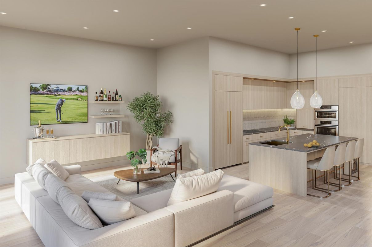 Interior, Kitchen, Living room, Pendant Lights, Recessed Lighting, Stainless Steel Appliances, Wood Texture Flooring
