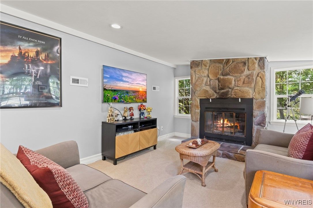 Fireplace, Interior, Living room, Recessed Lighting, Stone Walls
