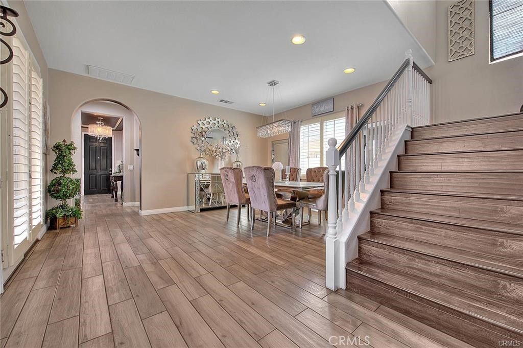 Dining room, Interior, Pendant Lights, Recessed Lighting, Wood Texture Flooring