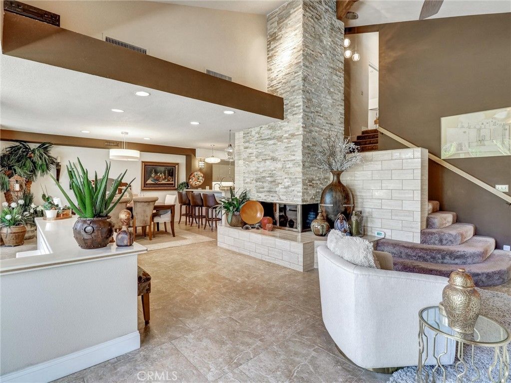 Dining room, Fireplace, Interior, Living room, Pendant Lights, Recessed Lighting, Stone Walls