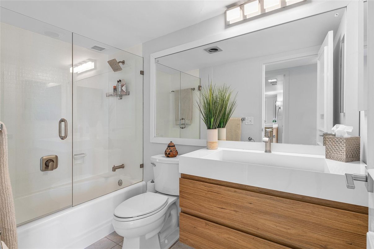Bathroom, Glass Shower, Interior, Wood Texture Flooring