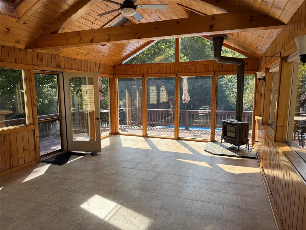 Empty room, Fireplace, Interior, Sun Room, Wooden Beams, Wooden Ceilings, Wooden Walls