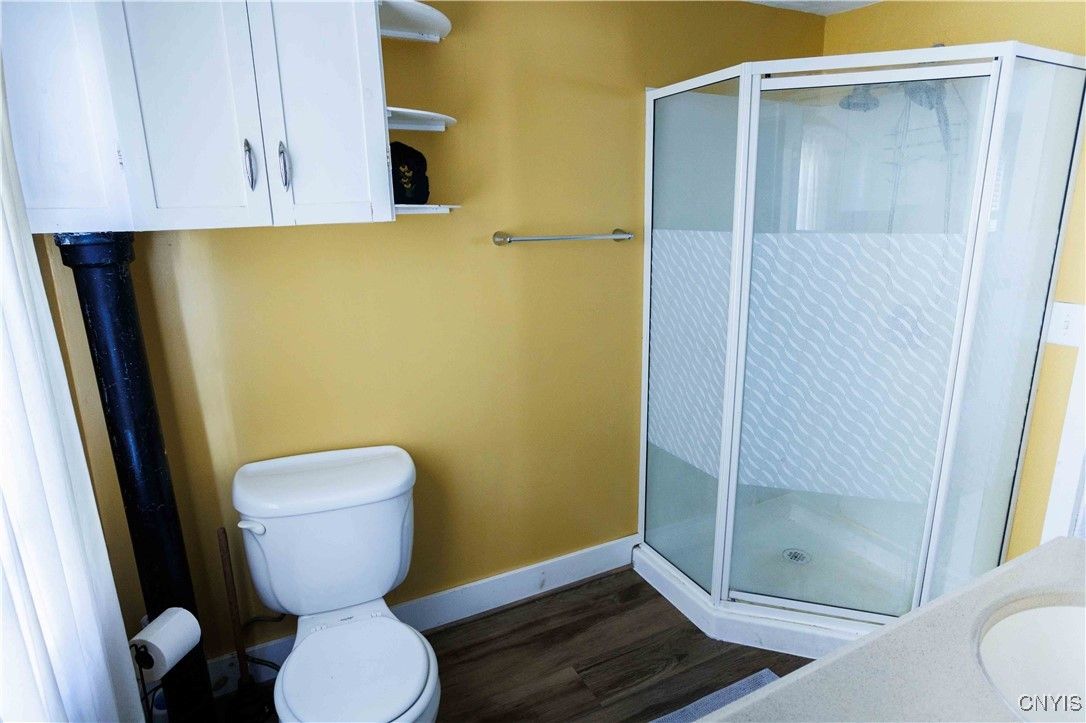 Bathroom, Glass Shower, Interior, Wood Texture Flooring