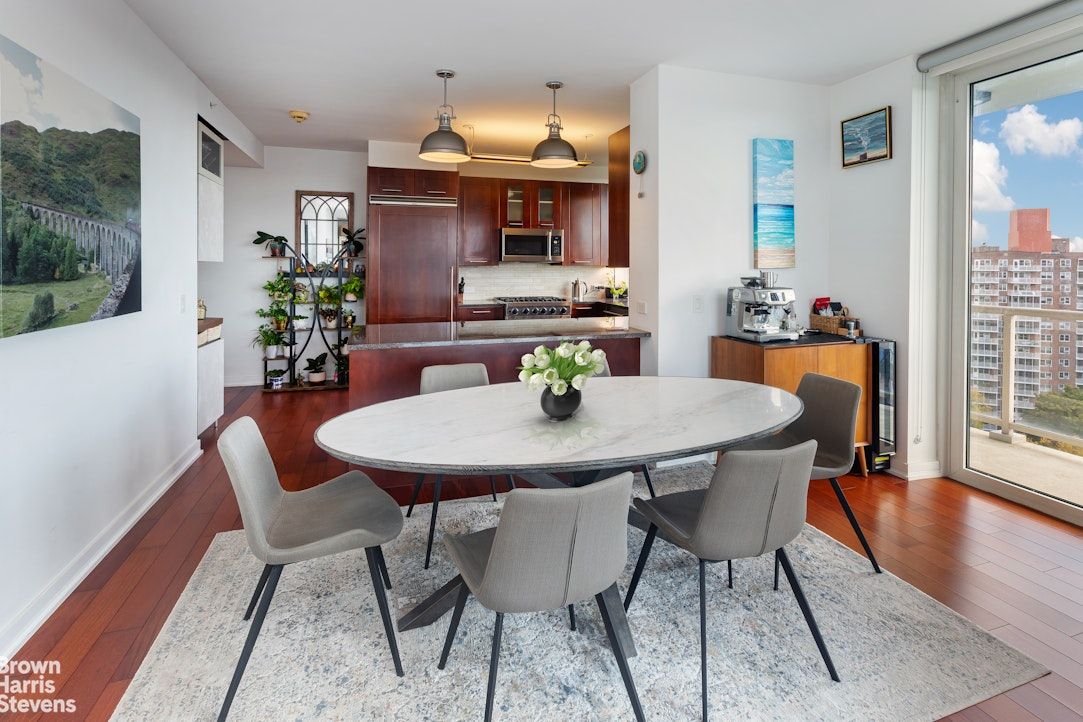 Dining room, Interior, Kitchen, Pendant Lights, Stainless Steel Appliances, Wood Texture Flooring