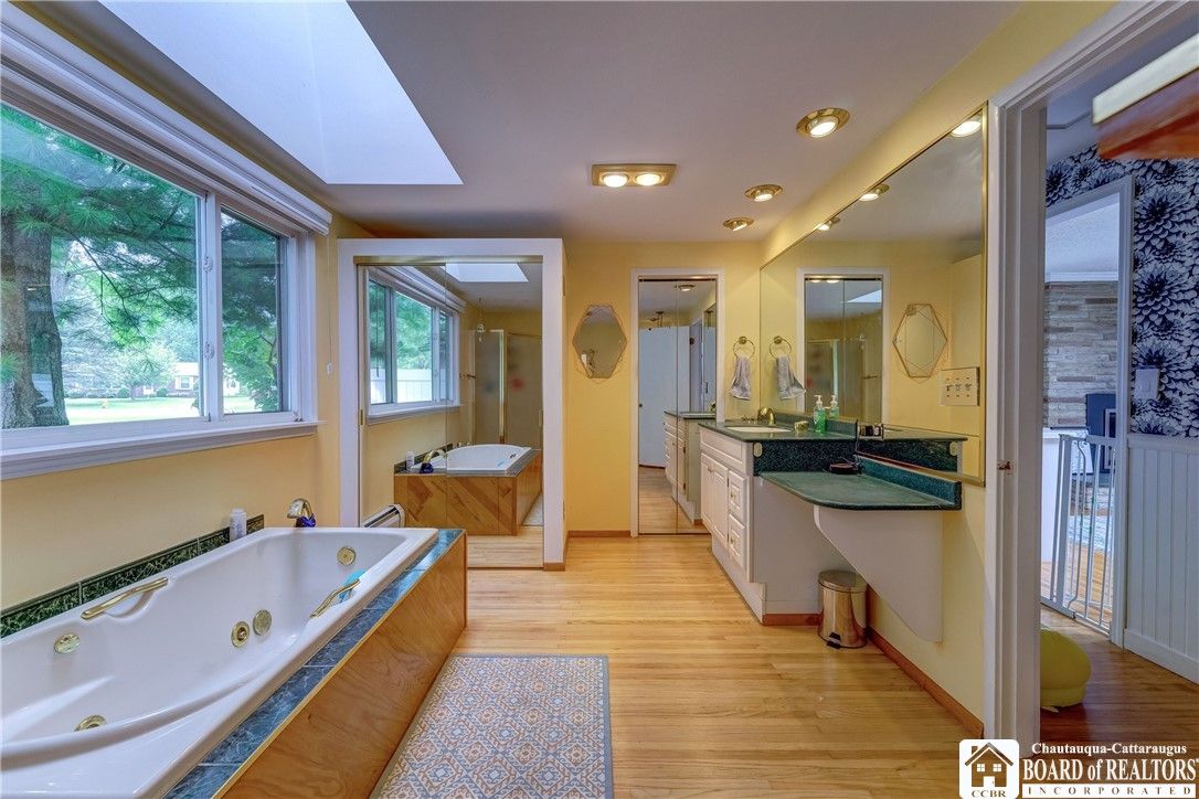 Bathroom, Dual Sink Vanities, Interior, Recessed Lighting, Wood Texture Flooring