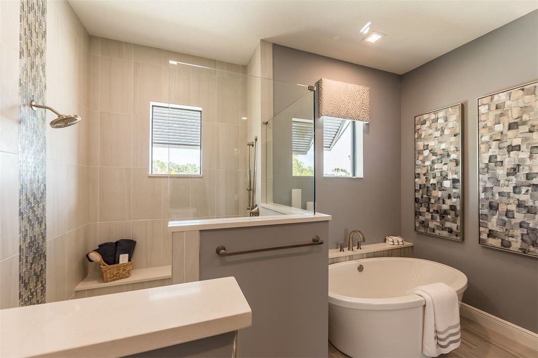 Bathroom, Glass Shower, Interior, Recessed Lighting, Wood Texture Flooring