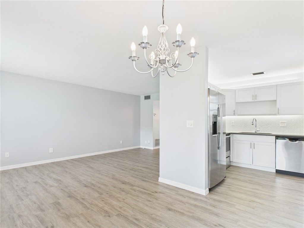 Chandelier, Interior, Kitchen, Stainless Steel Appliances, Wood Texture Flooring
