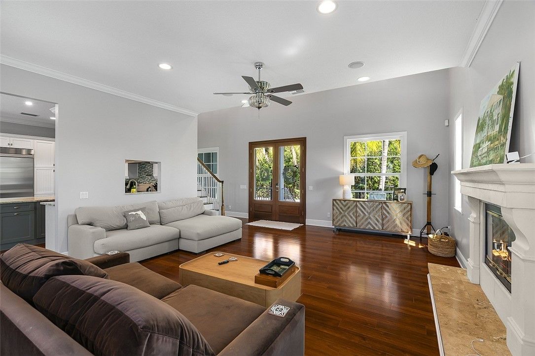 Fireplace, Interior, Living room, Recessed Lighting, Wood Texture Flooring