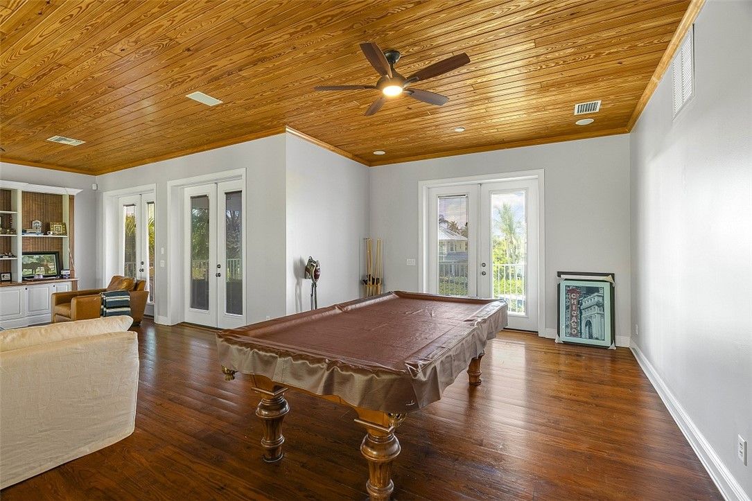 Billiard Table, Game Room, Interior, Recessed Lighting, Wooden Ceilings, Wood Texture Flooring