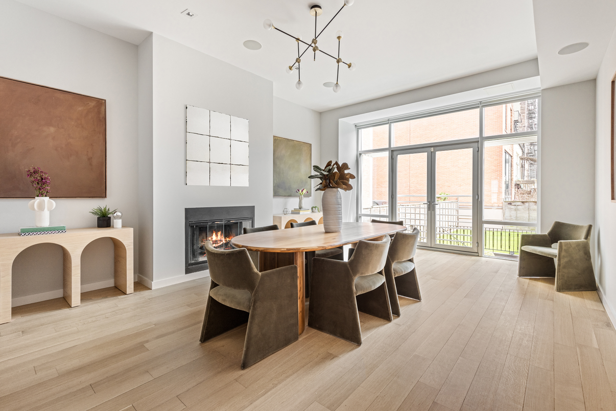 Dining room, Fireplace, Interior, Pendant Lights, Wood Texture Flooring
