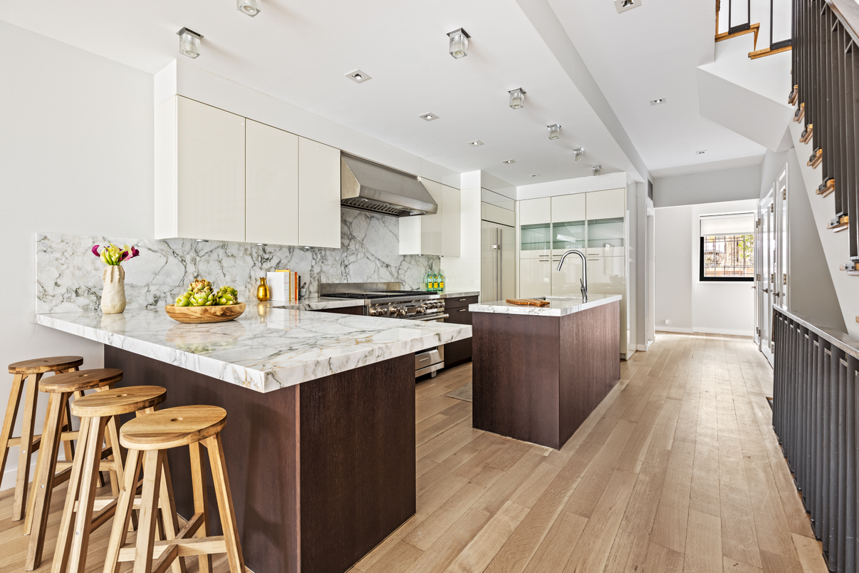 Interior, Kitchen, Marble Walls, Recessed Lighting, Wood Texture Flooring