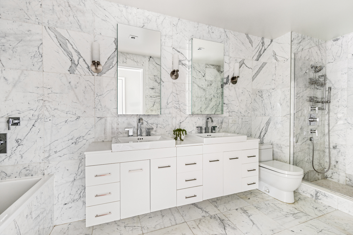 Bathroom, Dual Sink Vanities, Glass Shower, Interior, Marble, Marble Walls