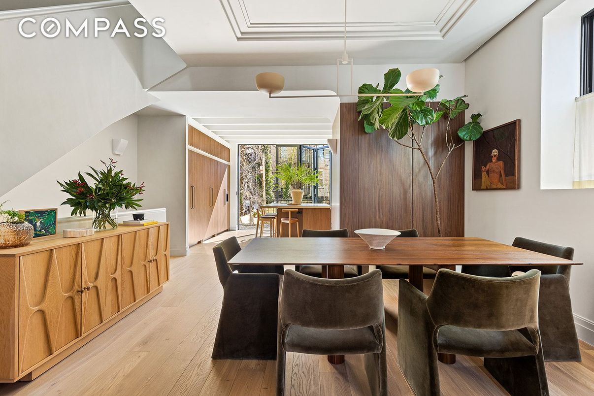Dining room, Interior, Pendant Lights, Wood Texture Flooring