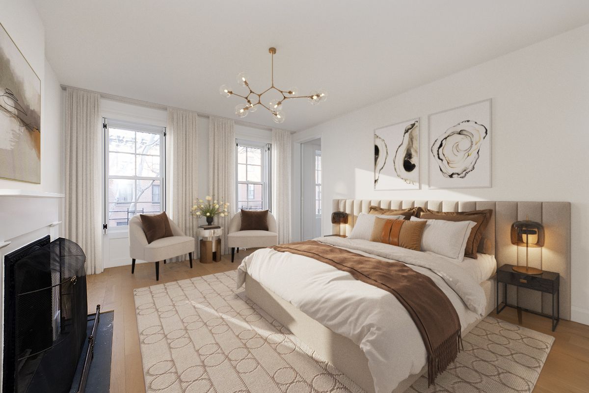 Bedroom, Interior, Pendant Lights, Wood Texture Flooring