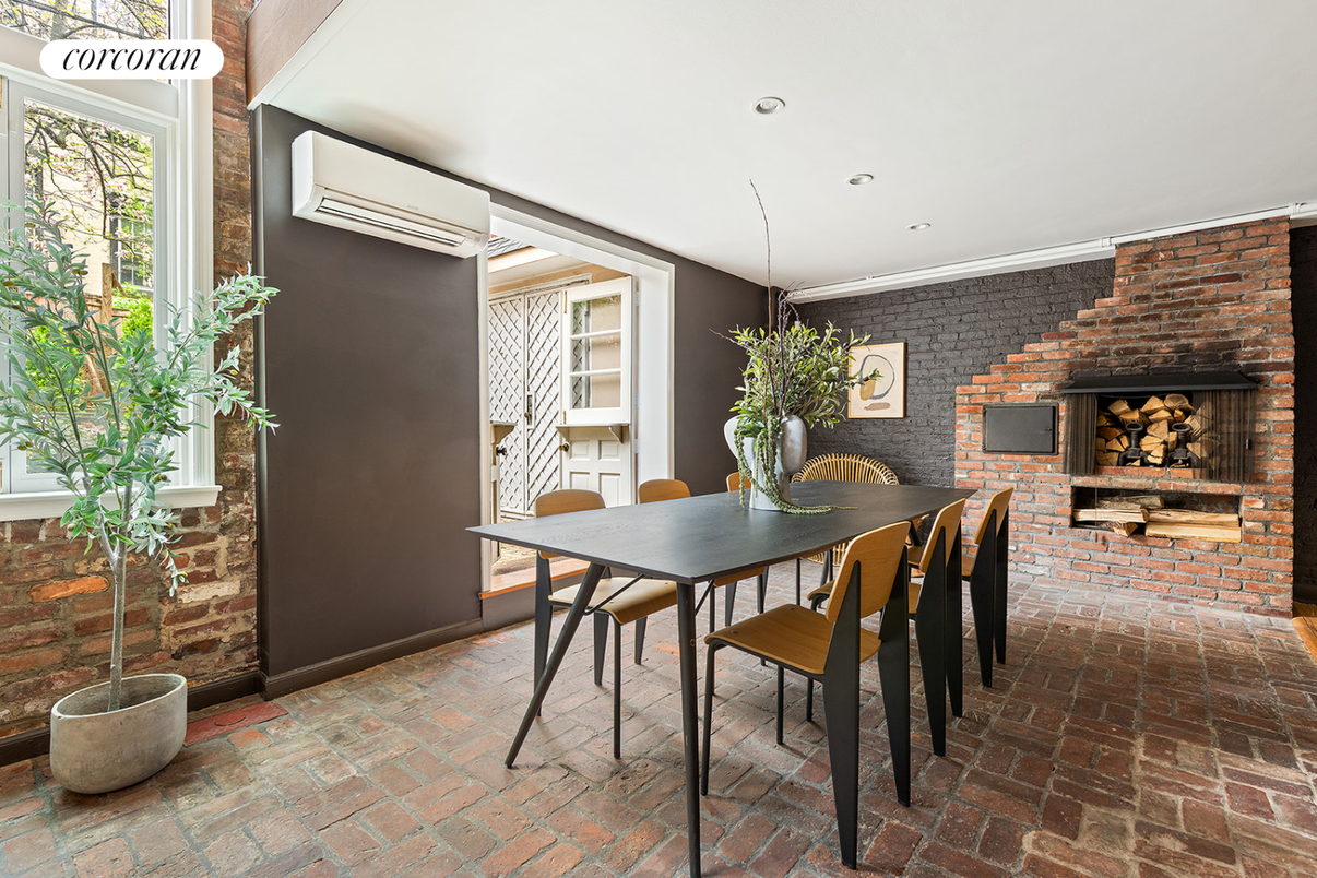 Dining room, Fireplace, Interior, Recessed Lighting, Stone Walls