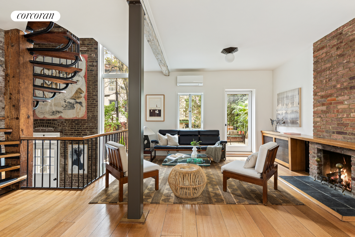 Fireplace, Interior, Living room, Stone Walls, Wood Texture Flooring