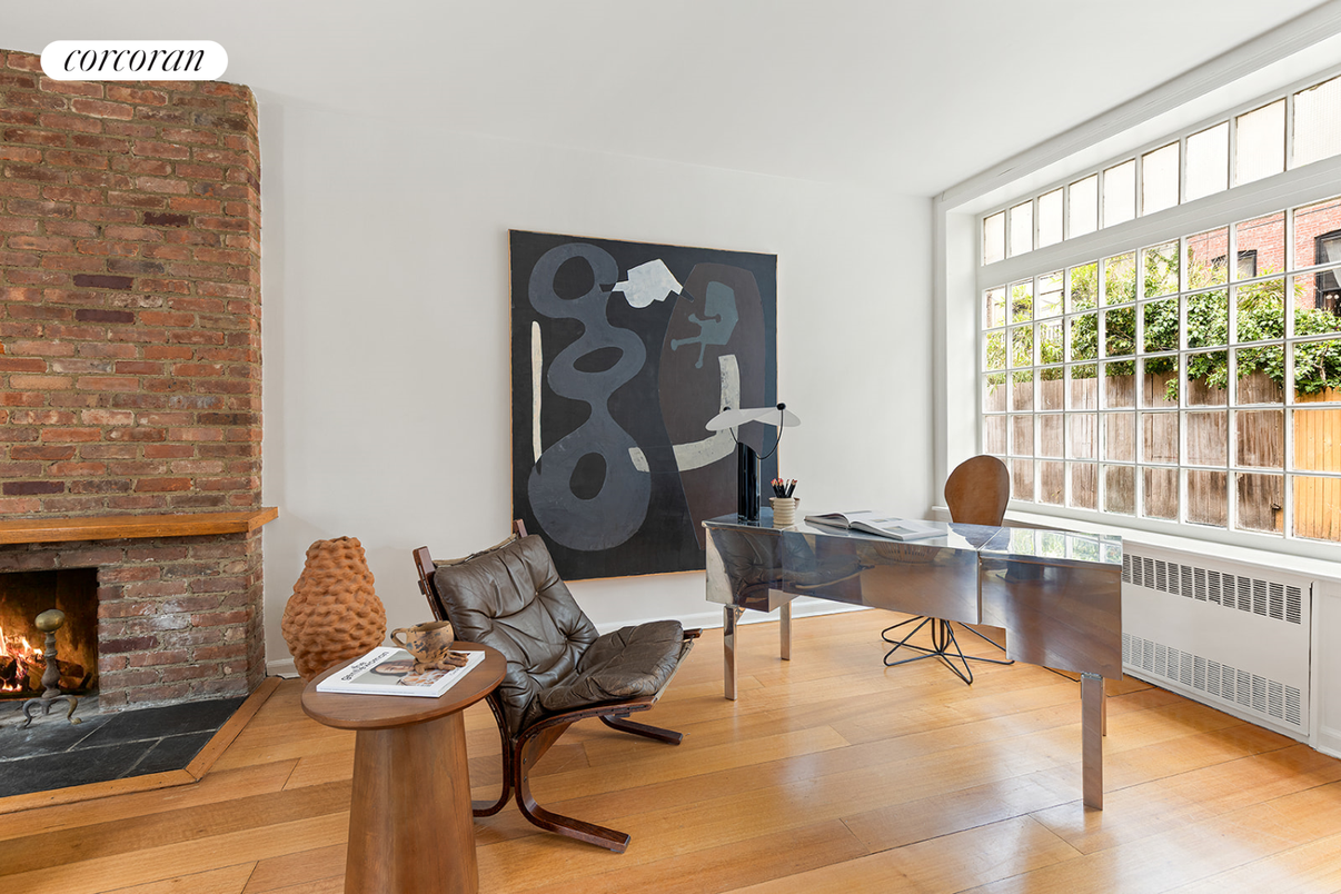 Fireplace, Home Office, Interior, Stone Walls, Wood Texture Flooring