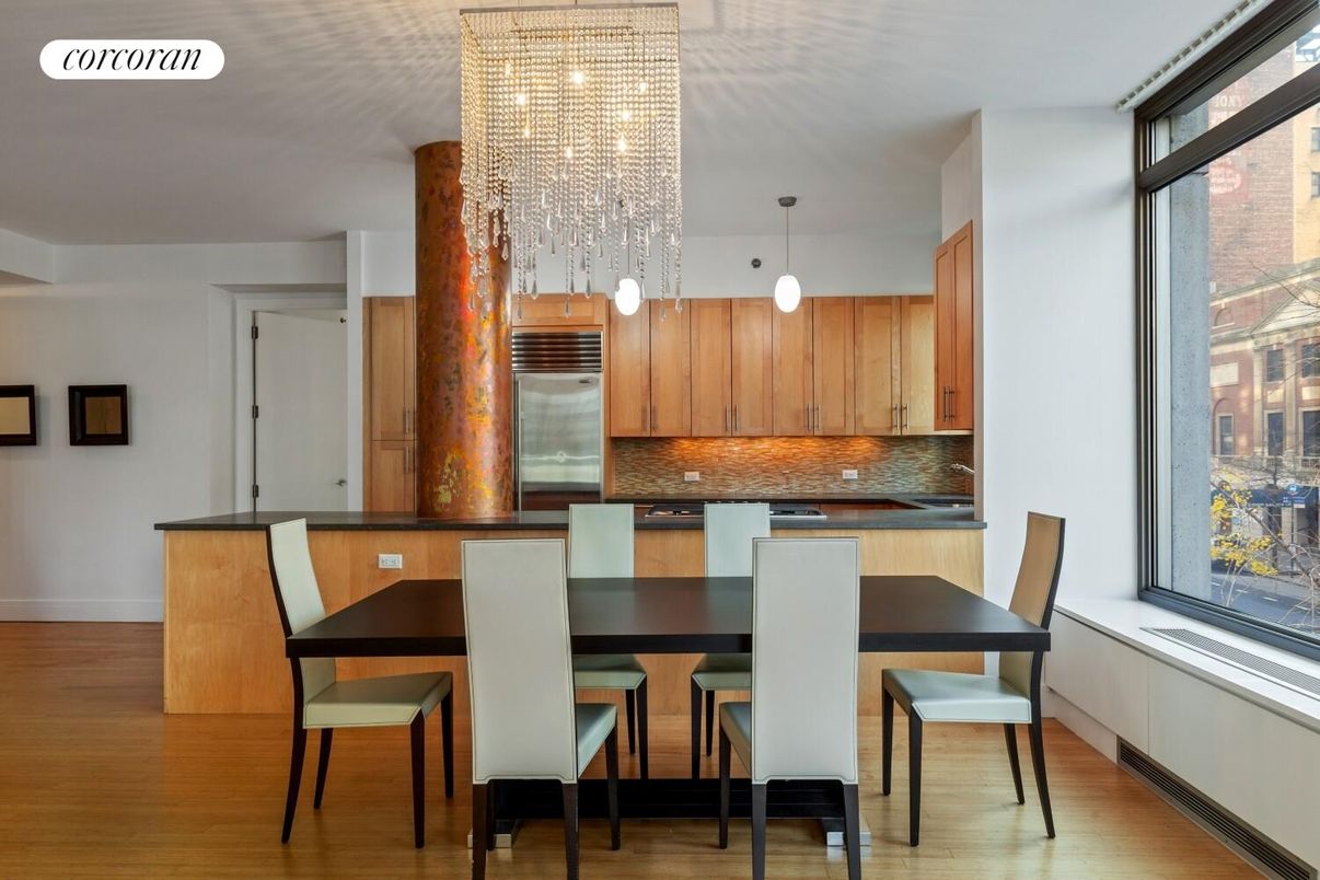 Chandelier, Dining room, Interior, Kitchen, Pendant Lights, Stainless Steel Appliances, Wood Texture Flooring