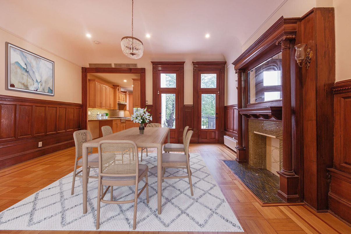 Dining room, Fireplace, Interior, Kitchen, Pendant Lights, Recessed Lighting, Wood Texture Flooring