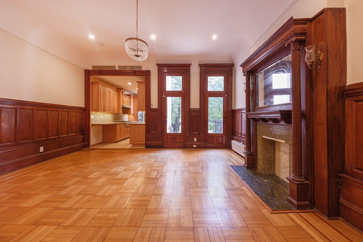 Chandelier, Fireplace, Interior, Kitchen, Pendant Lights, Recessed Lighting, Wood Texture Flooring