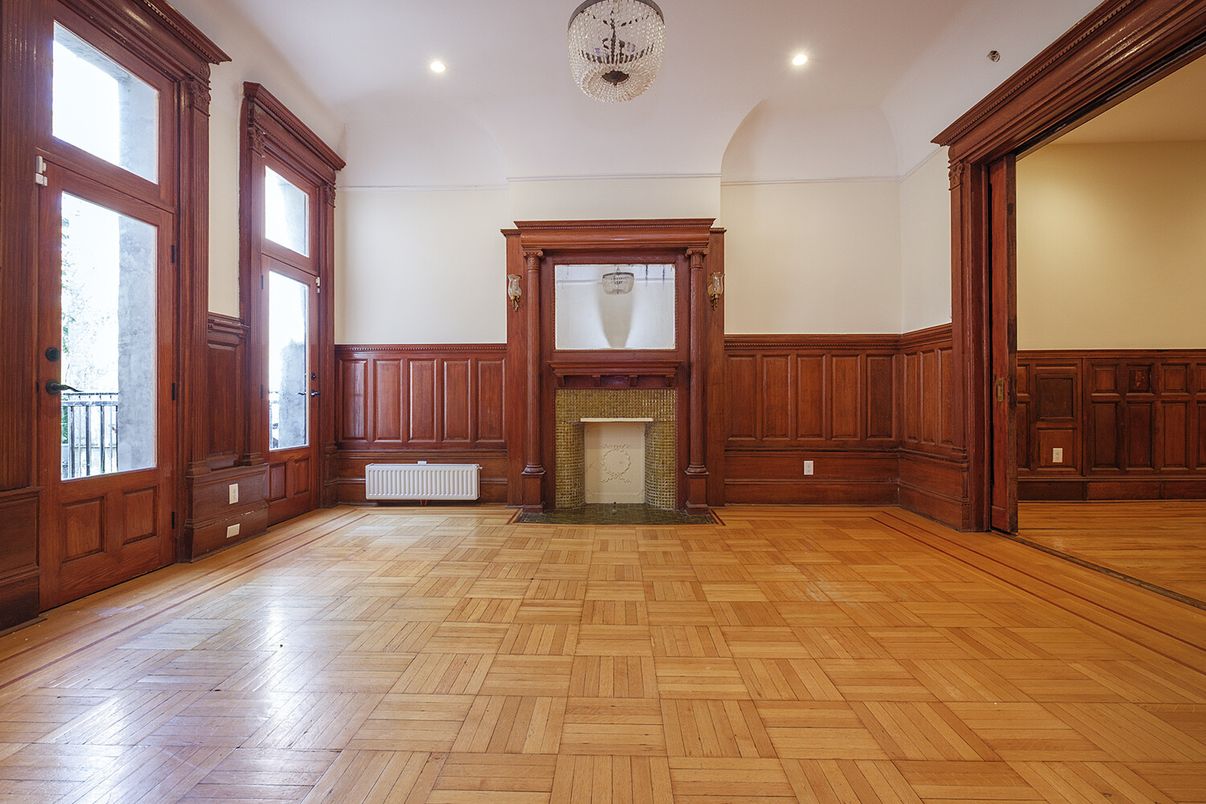 Empty room, Fireplace, Interior, Recessed Lighting, Wood Texture Flooring, Wooden Walls