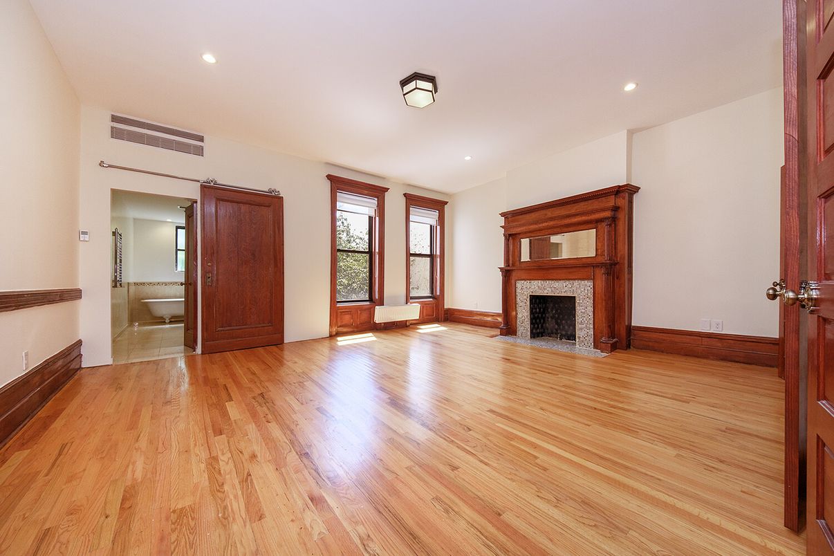Empty room, Fireplace, Interior, Recessed Lighting, Wood Texture Flooring