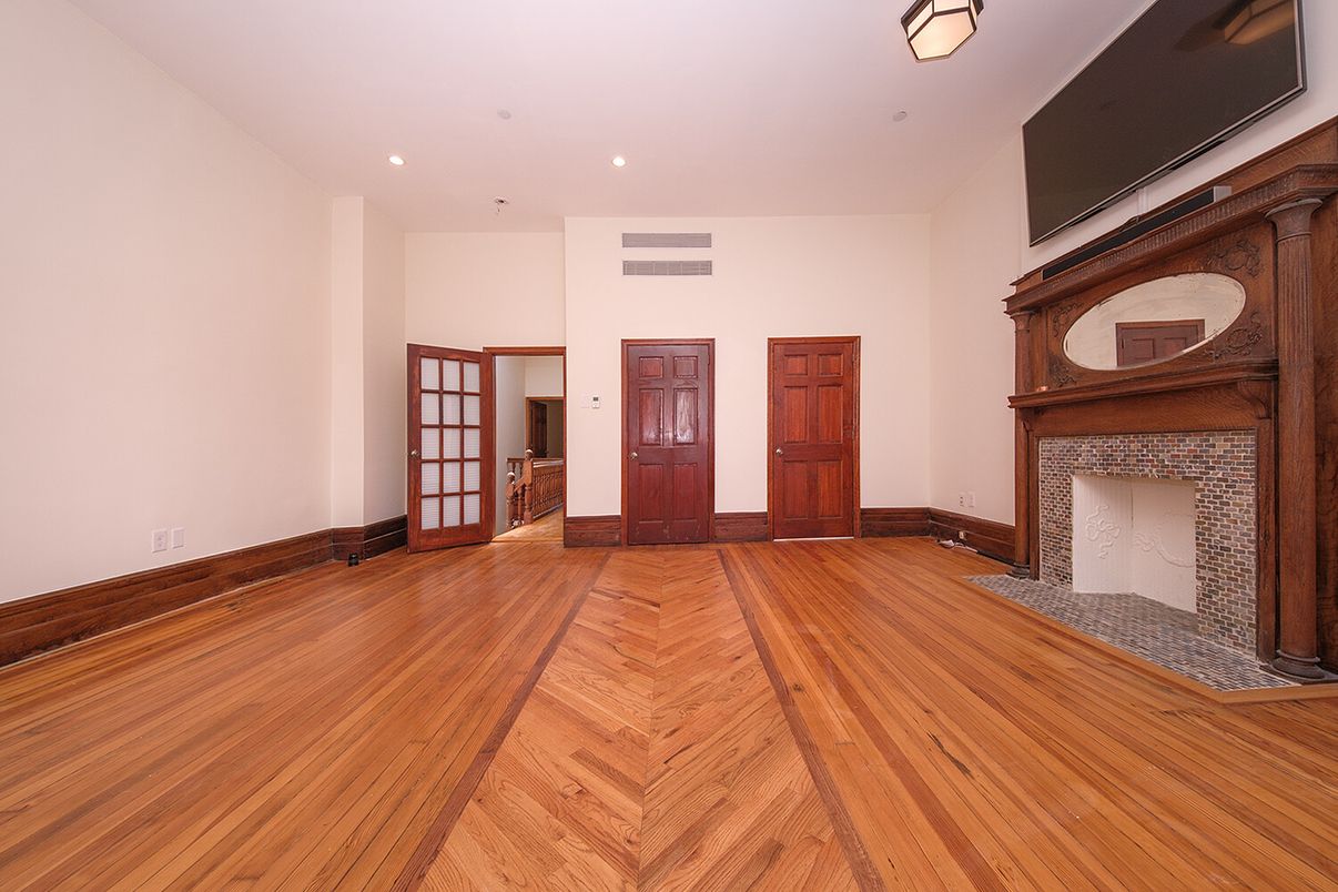 Empty room, Fireplace, Interior, Recessed Lighting, Wood Texture Flooring