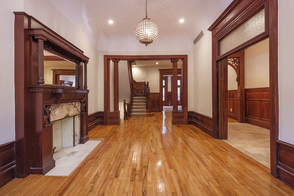Fireplace, Interior, Pendant Lights, Recessed Lighting, Wood Texture Flooring