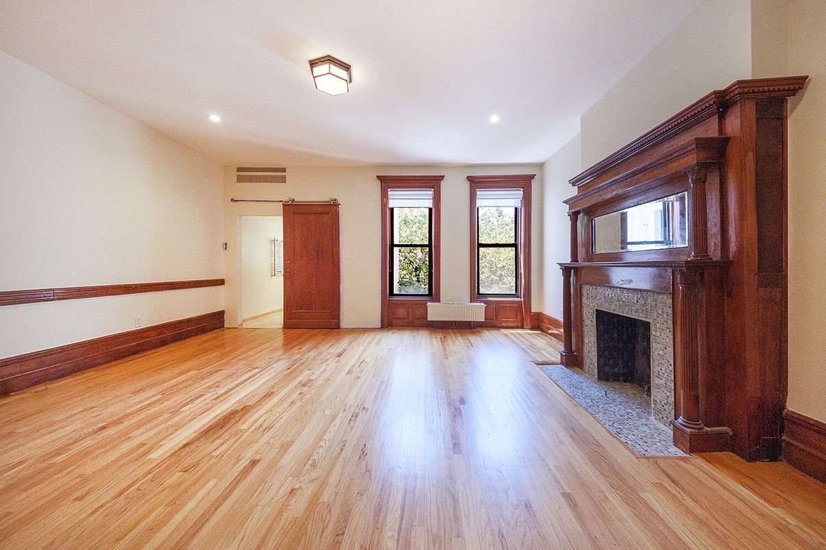 Empty room, Fireplace, Interior, Recessed Lighting, Wood Texture Flooring