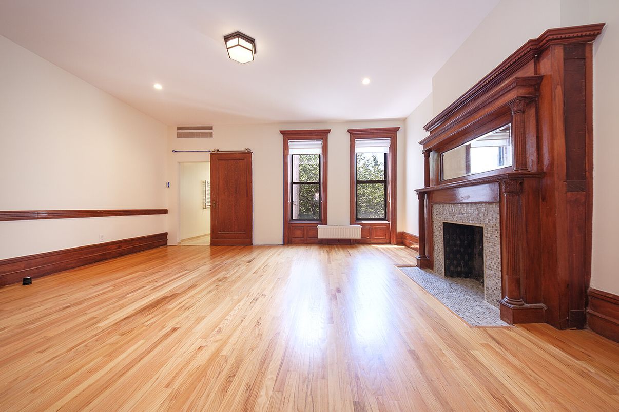 Empty room, Fireplace, Interior, Recessed Lighting, Wood Texture Flooring