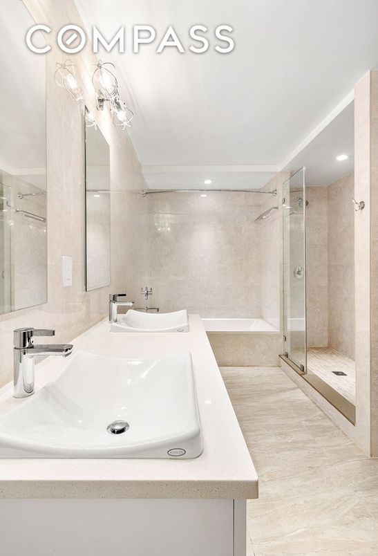 Bathroom, Dual Sink Vanities, Glass Shower, Interior, Recessed Lighting, Wood Texture Flooring