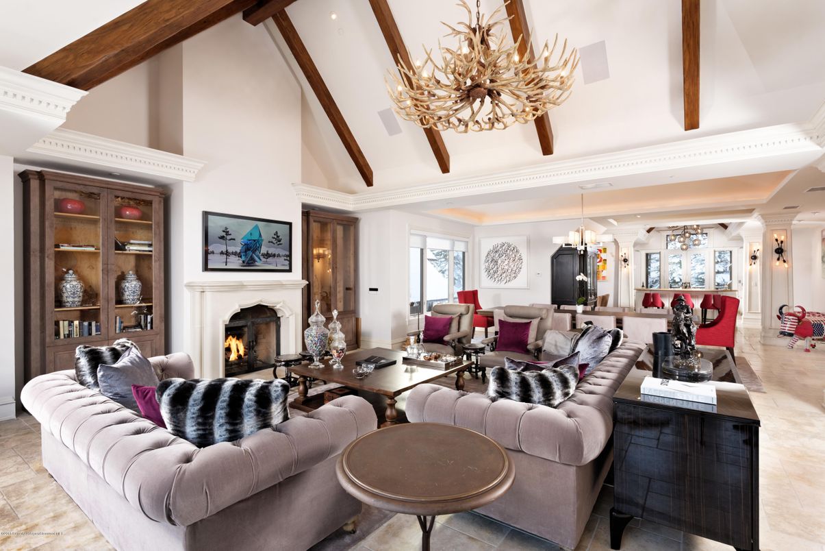 Chandelier, Dining room, Fireplace, Interior, Living room, Pendant Lights, Recessed Lighting, Wooden Beams
