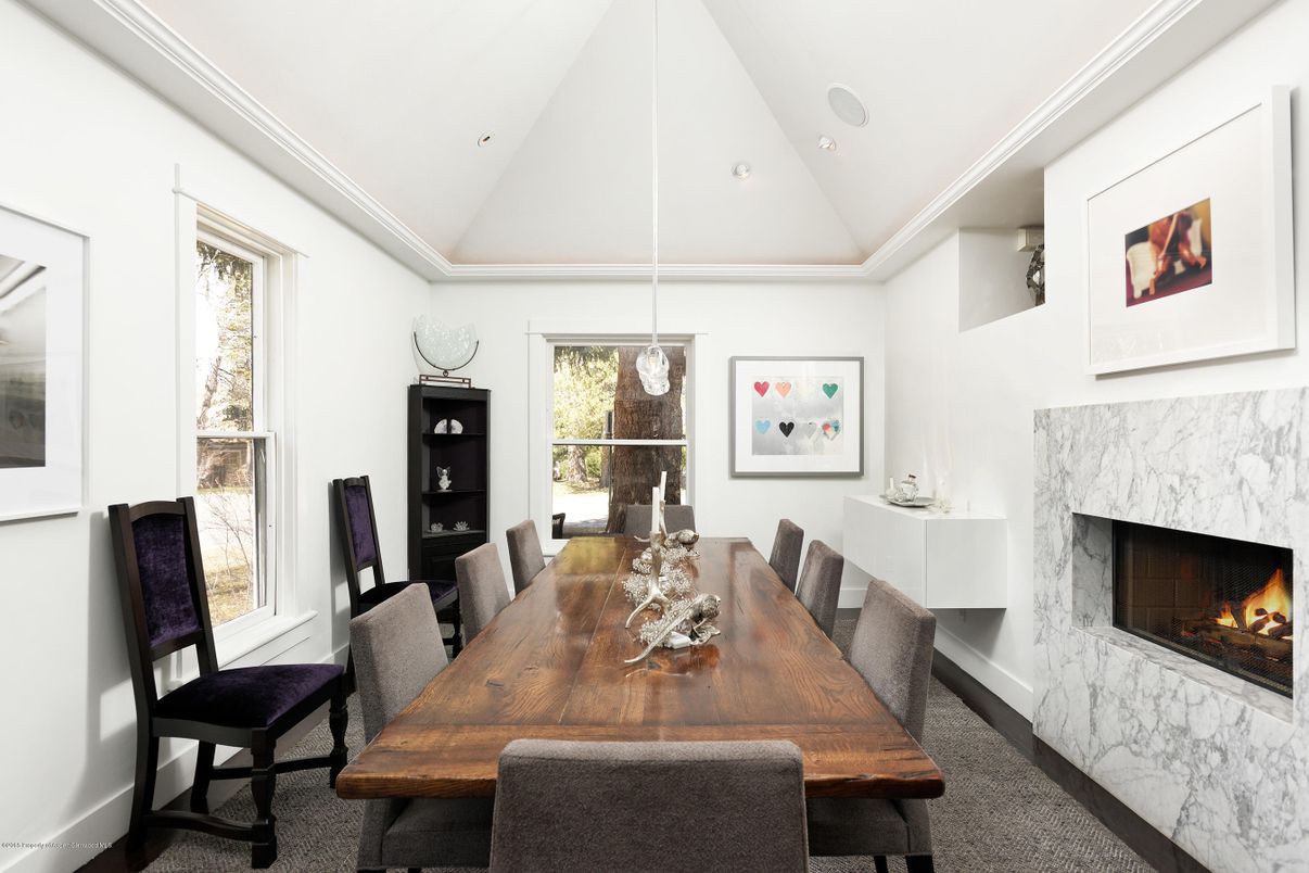 Dining room, Fireplace, Interior, Pendant Lights